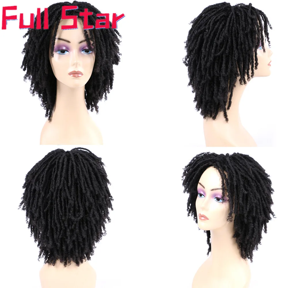

Full Star Dreadlock Hair Wig for Black Woman 14 inch Black Ombre Burgundy Brown Color Short Curly Faux Locs Braids Wigs