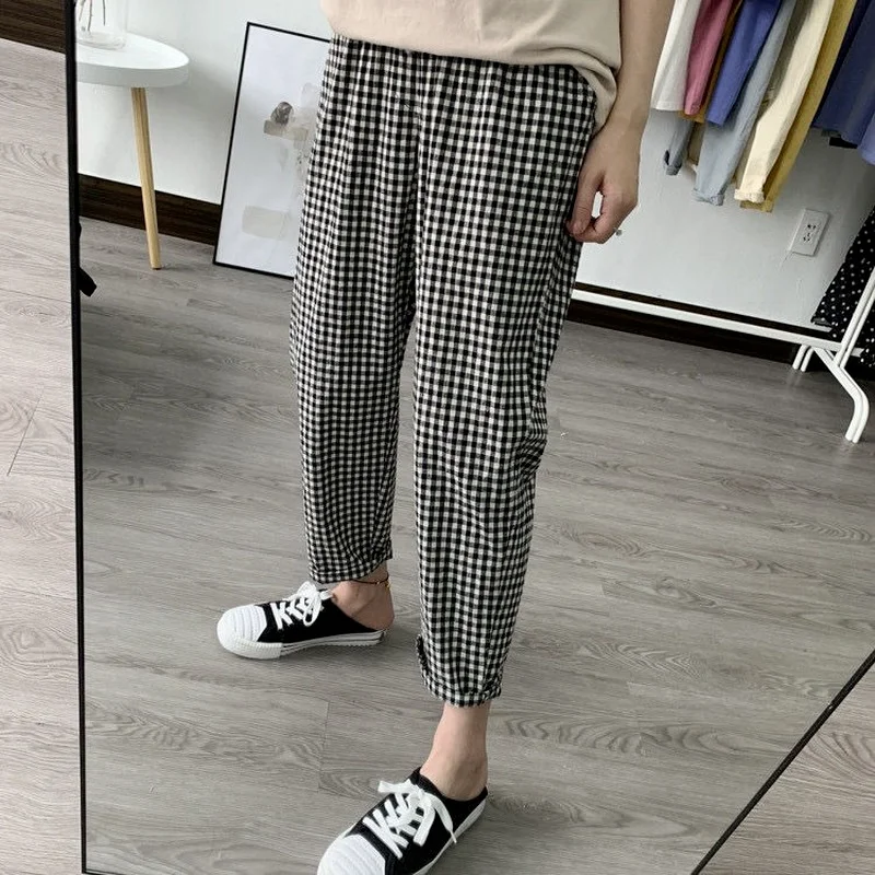 

2021 Spring Summer Plaid Pants Women's Harem Pants Capris Drawstring Waist Large Size Casual Loose Cotton Linen Trousers Women