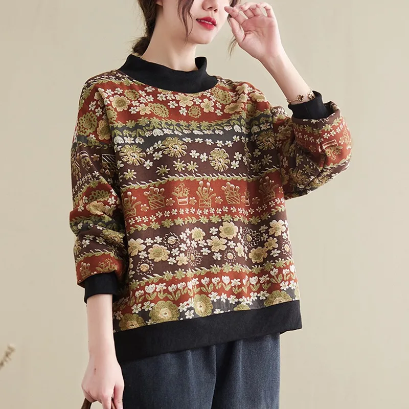 

Женские повседневные свитшоты, новинка сезона осень-зима 2021, женские свободные пуловеры из хлопка и льна в винтажном стиле с цветочным прин...