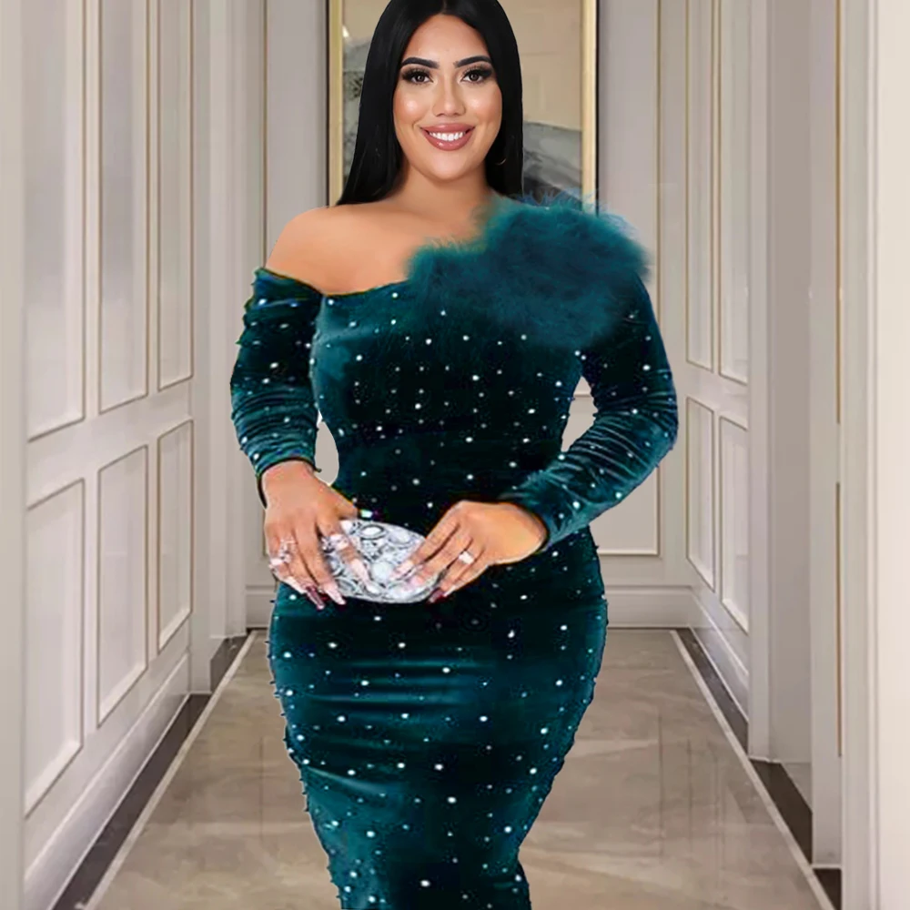 

Party Dresses Women Evening Elegant Dark Green One Shoulder Long Sleeve Bodycon Sequins Velvet Dress Plus Size 4XL 2022