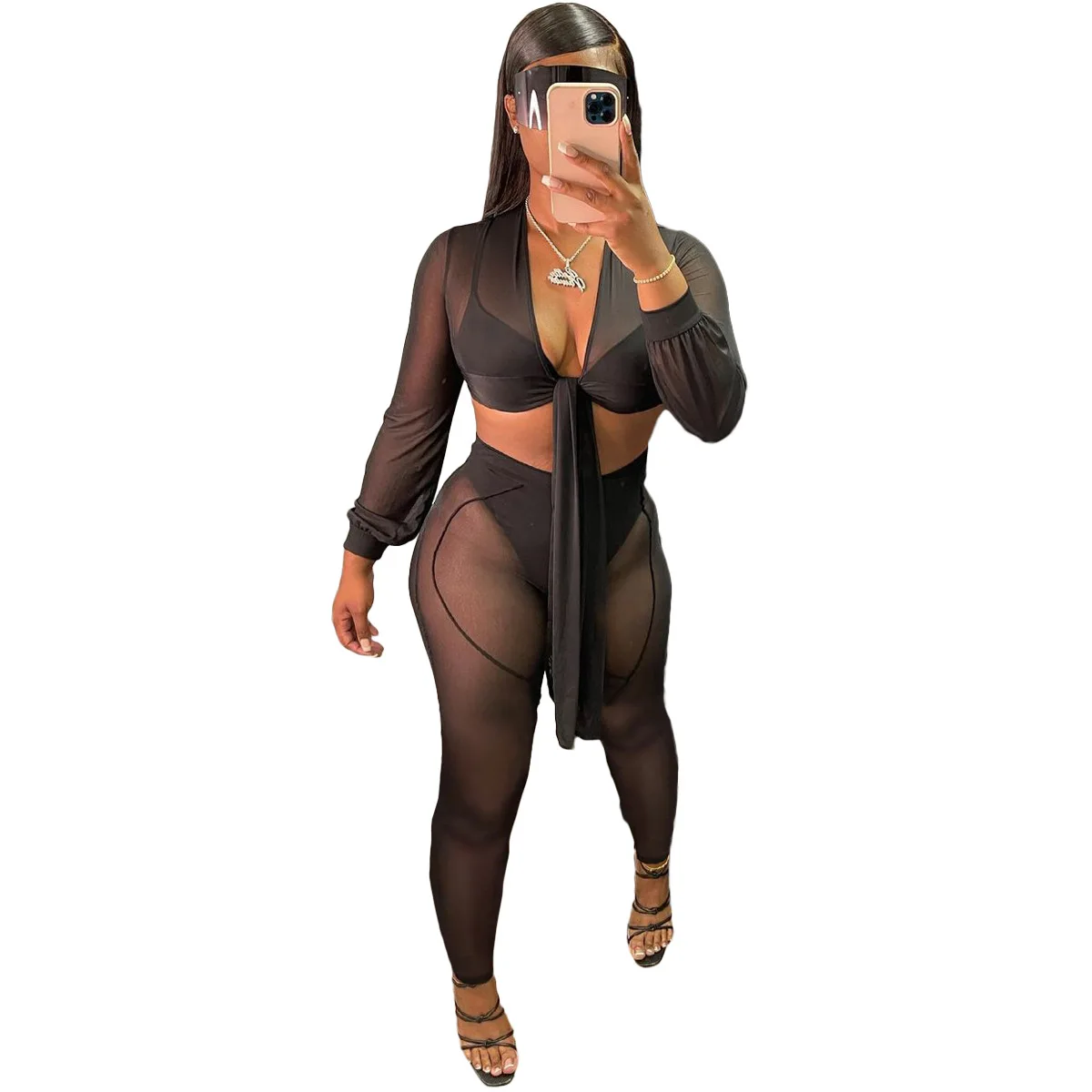 

Sexy Sheer Mesh Black Burgundy 2 Piece Outfits Deep V Neck Lace Up Long Sleeve Crop Top + Leggings See Through Club Matching Set