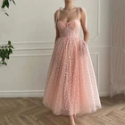 Элегантное милое розовое облегающее вечернее платье на бретелях-спагетти с поясом платье для выпускного вечера длиной до середины икры 2021