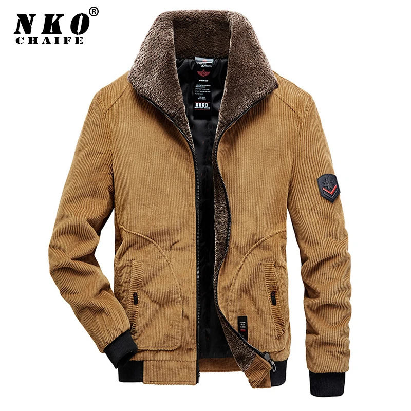 Мужская теплая плотная куртка модная Вельветовая с меховым воротником Брендовая