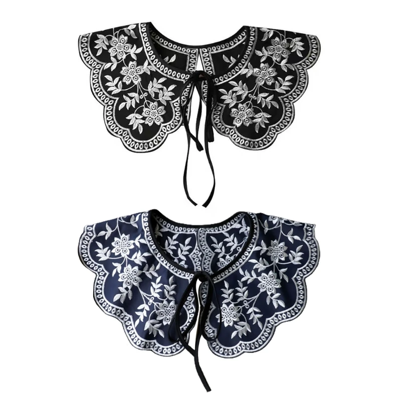 

Vintage Hanfu Lace-Up Shoulder Shawl Wrap Embroidery Floral Lace Scalloped Necklace Fake Collar Lapel Blouse Mini Poncho