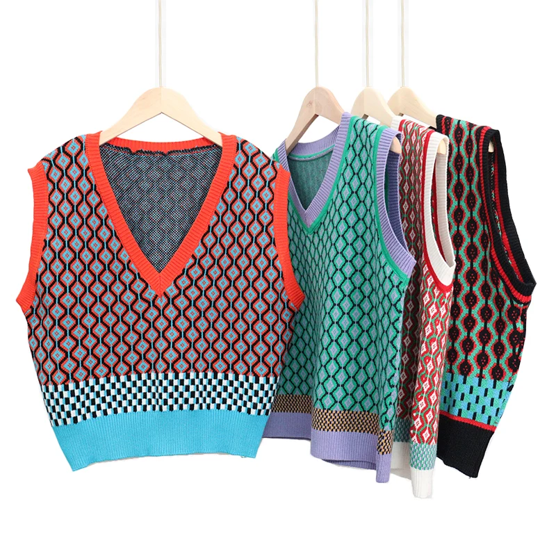 

Шикарный винтажный свитер с узором ромбиками, женский осенне-зимний пуловер 2021, женский жилет