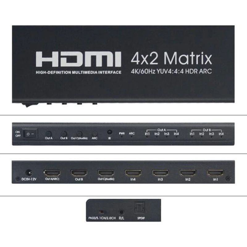 

HDMI2.0 Matrix Switch Ultra Clear 4 in 2 Out HDMI 4K60Hz YUV4: 4: 4HDRAR Converter Screen Switcher Remote US Plug