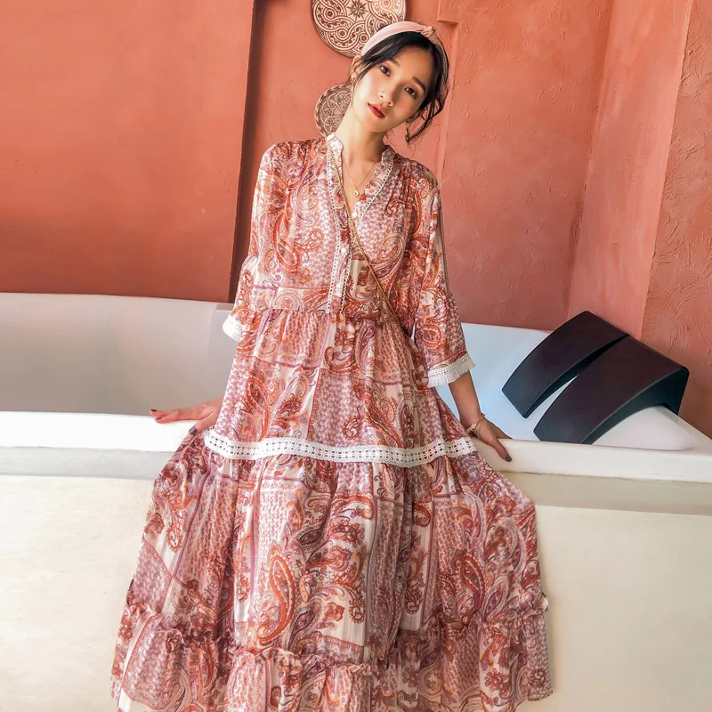 2020 Women Bohemian Style New Design V-neck Long Dresses Flare Sleeve Printing High Quality Holiday Clothing | Женская одежда