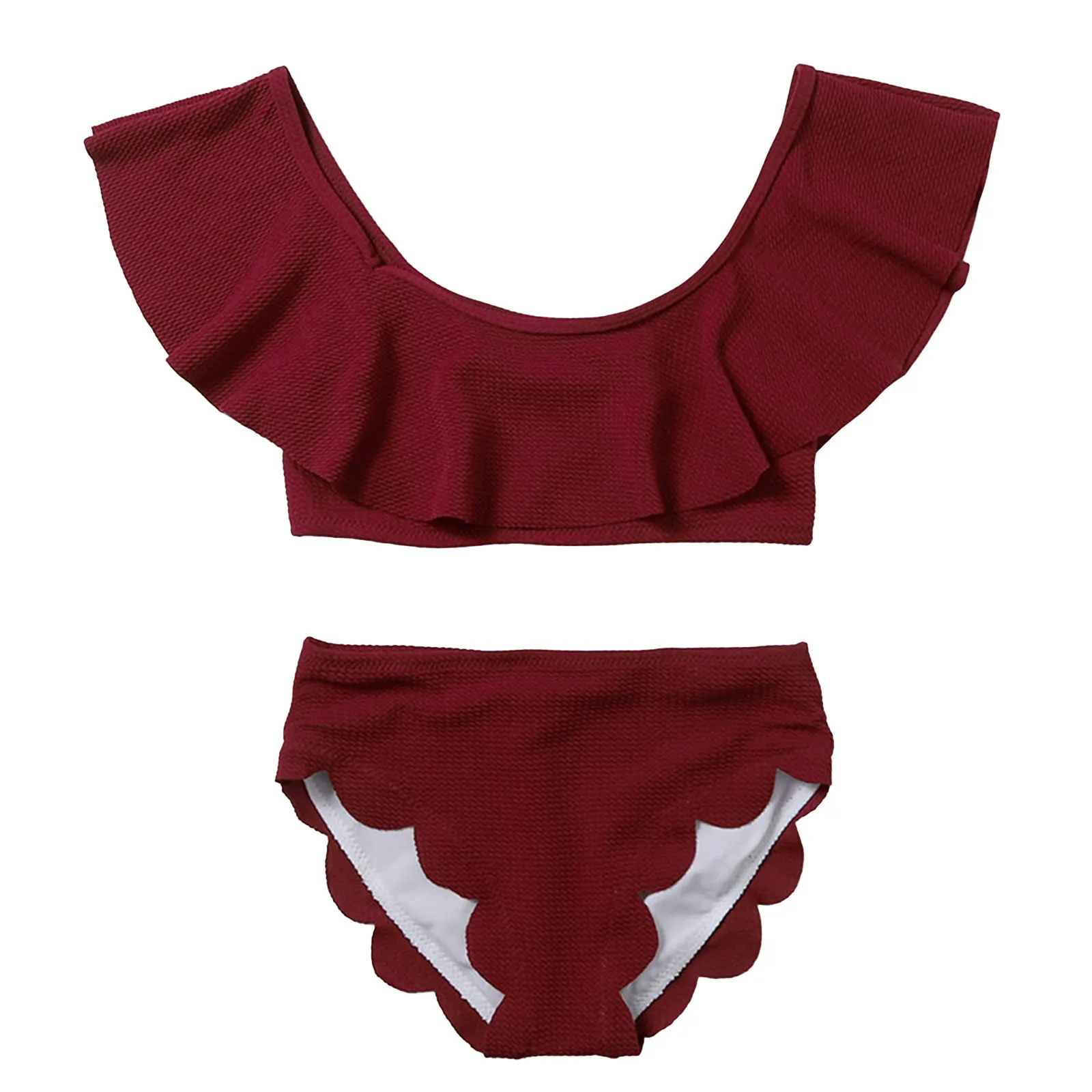 

Купальник для девочек, комплект из двух предметов, детские топы с оборками на плечах и U-образным вырезом и шорты с асимметричным подолом, ку...