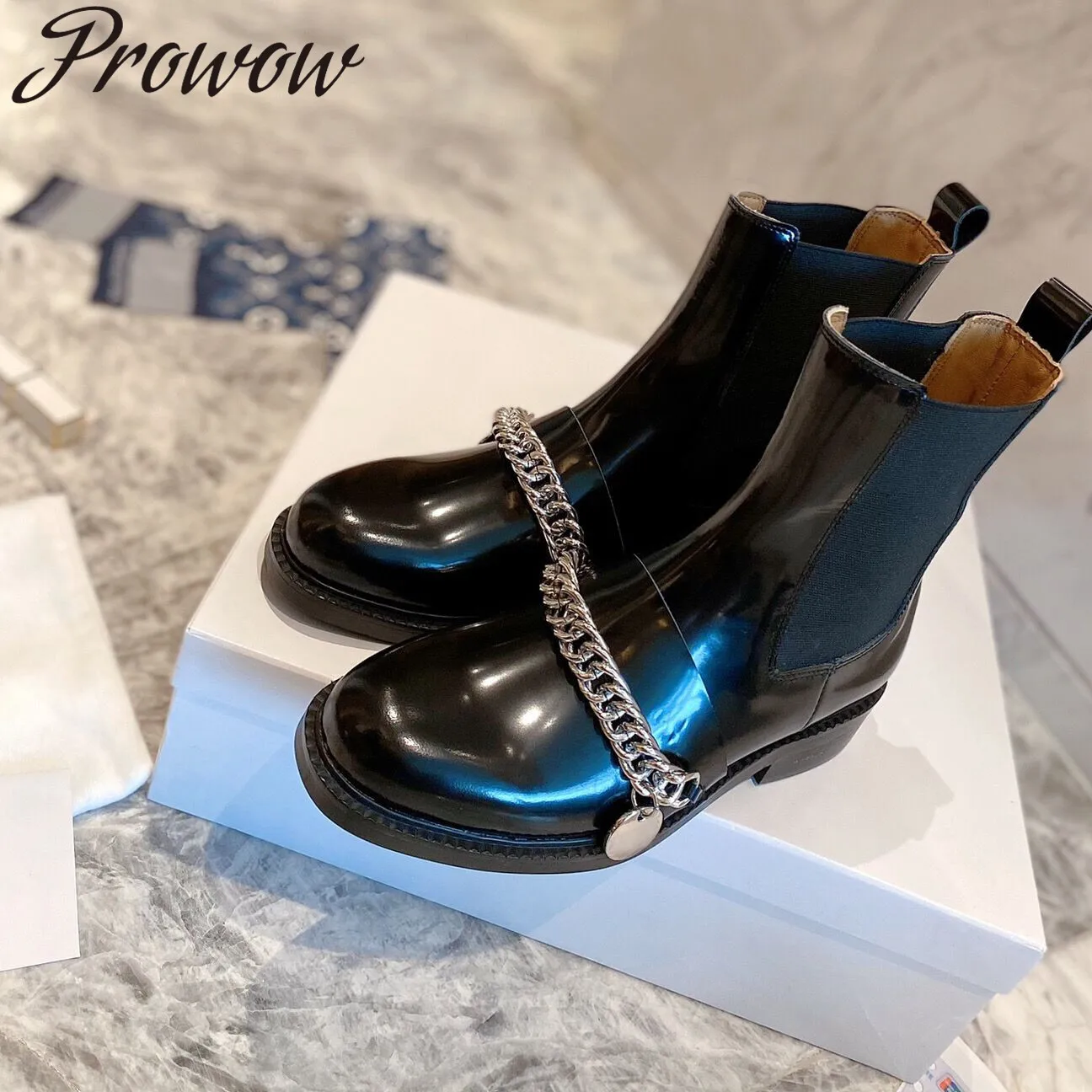 

Prowow New HIgh Quality Genuine Leather Metal Chain Ankle Boots Zip Side Low Heel Luxury Designer Shoes Women Zapatos Mujer