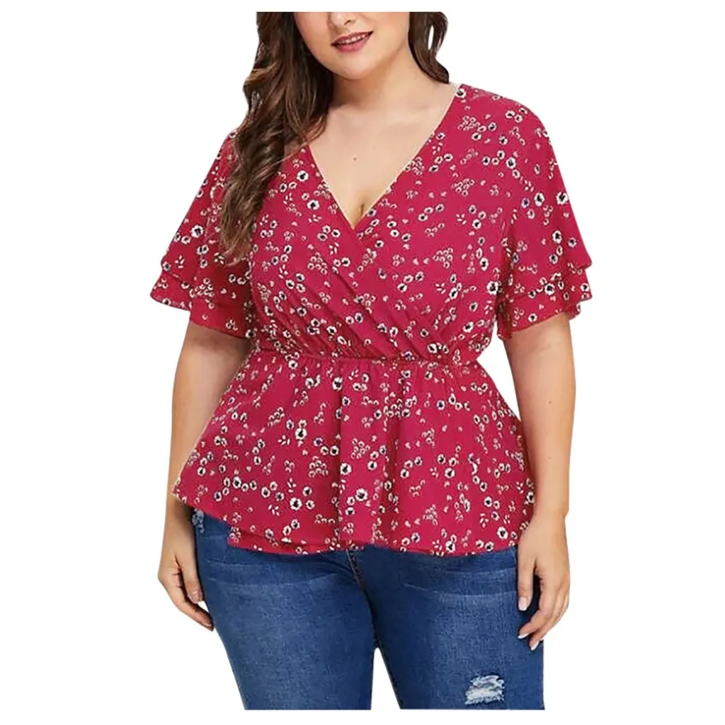 Новые блузки для женщин топ размера плюс v-образный вырез короткий рукав оборки