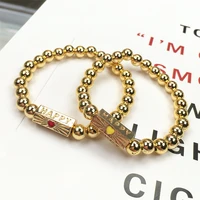 aaa copper gold plated bead chain red yellow heart enamel geometric charm bracelet shiny love happy word pendant jewelry gift