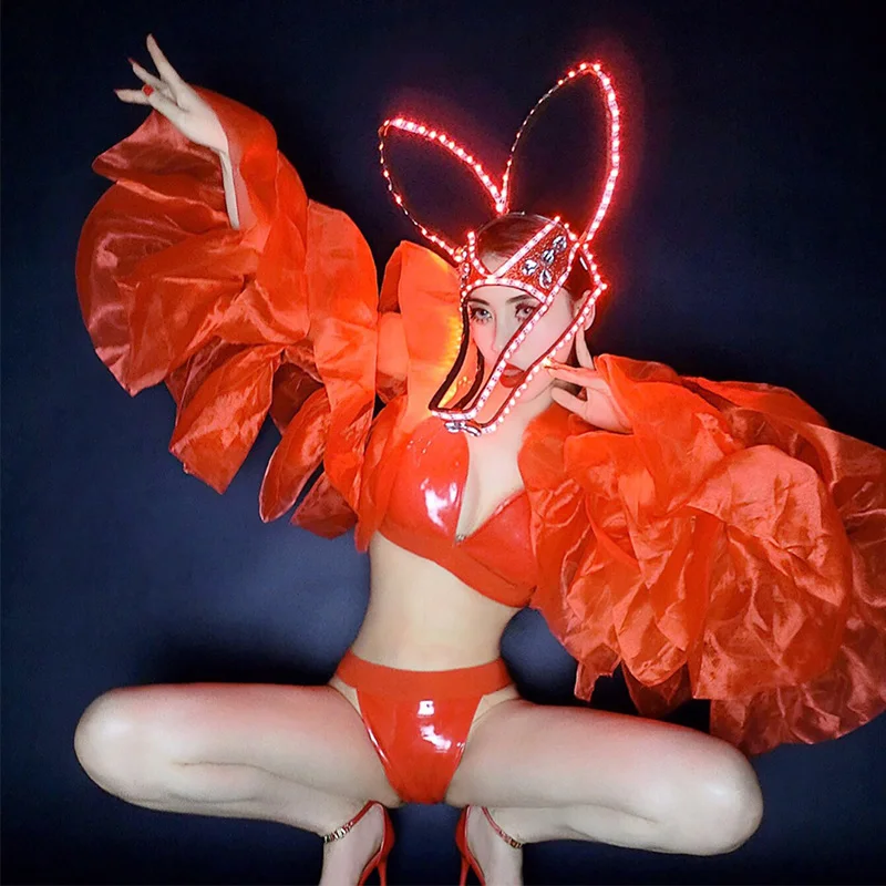 Nightclub Bar Female Singer Valentine'S Day Red Led Luminous Headdress Big Sleeve Bikini Suit Dj Ds Performance Clothing DN5902 |