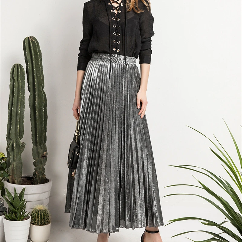 Женская плиссированная юбка с люрексом яркая шелковая блестящая длинная