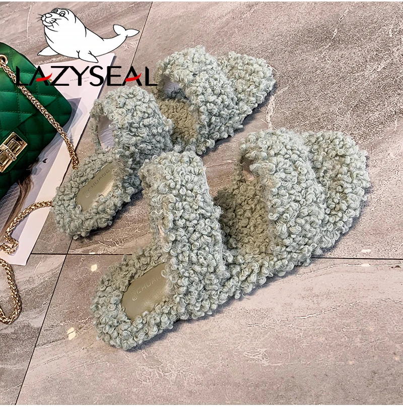 LazySeal; цветные домашние тапочки с натуральным мехом; женская обувь; женские шлепанцы без задника на плоской подошве; женские пушистые домашние шлепанцы; пушистая плюшевая обувь