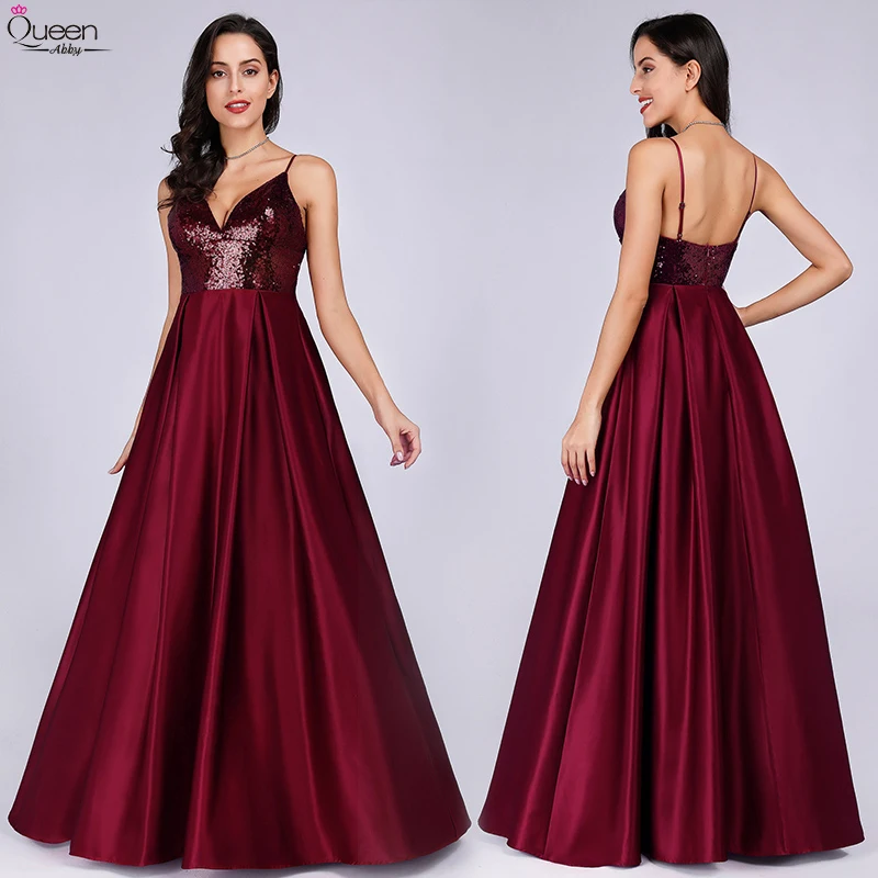 Длинные вечерние платья бордового цвета с блестками трапециевидные атласные без