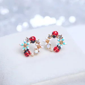 Korean Style Sweet Colorful Flower Stud Earrings for Women Girls Cute Crystal Animal Ladybug Earring
