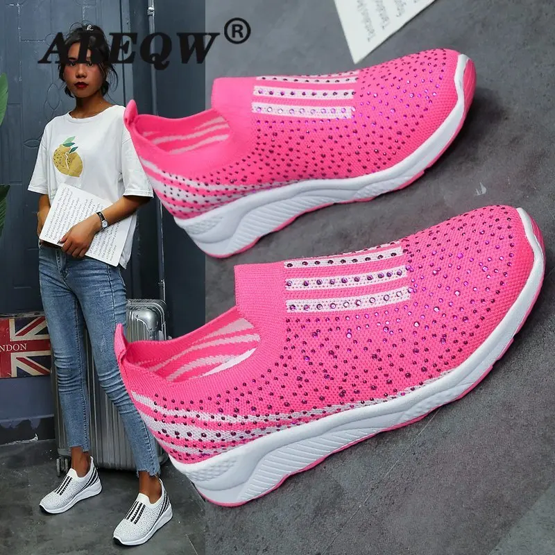 

Bling Sneakers Women Sock Shoes White Sneakers for Woman Running Shoes Ladies Slip on Flats Shoes Female Casual Sport Shoes