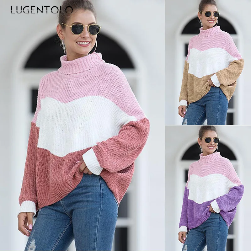 

New Women's Knitted Sweater Autumn Winter Loose Turtleneck Color Matching Loose Fashion Lady Simple All-match Sweater Lugentolo