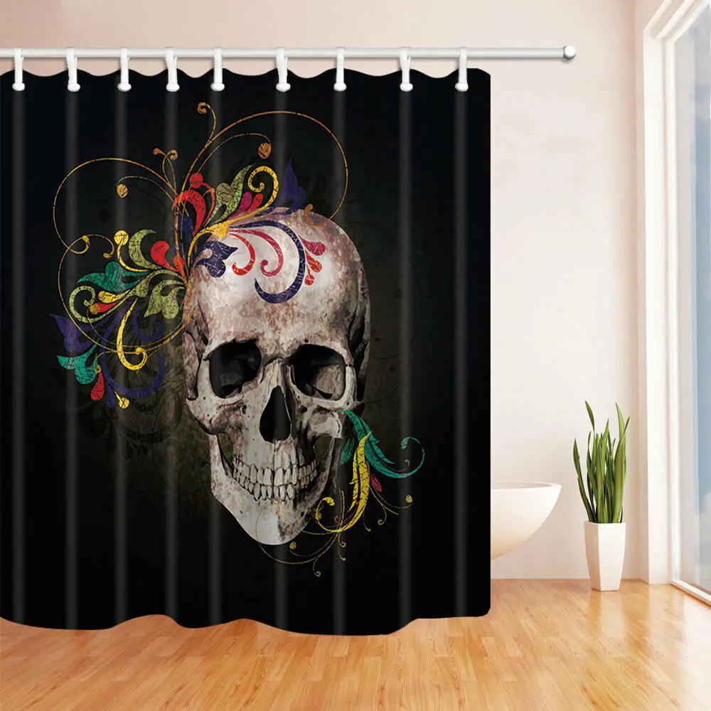 

Skull With Flower Pattern On Black Waterproof Fabric Shower Curtain