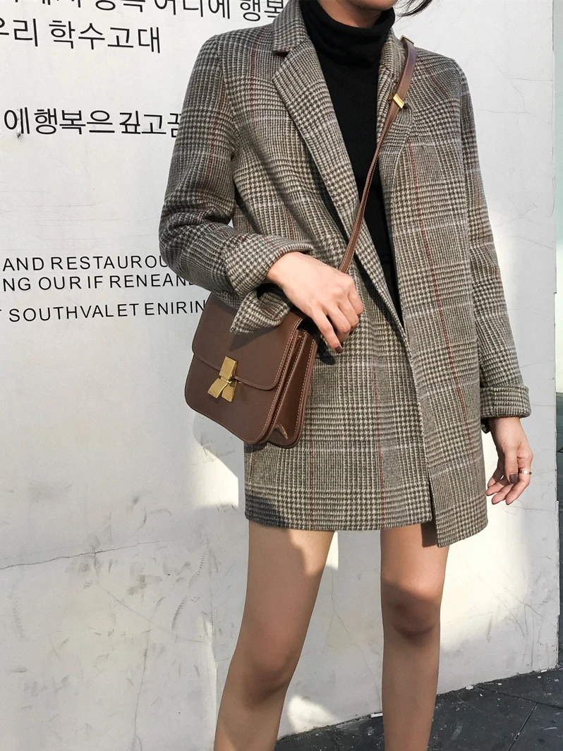 Осень-зима Винтаж шерстяные женские офисные клетчатый блейзер с длинным рукавом