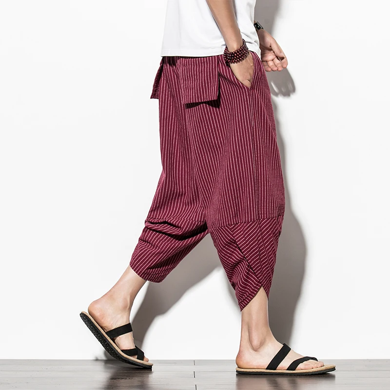 

Baggy Cotton Harem Pants Men 2020 Summer Japanese Vintage Striped Men Women Hip Hop Plus Size Wide Leg Pants