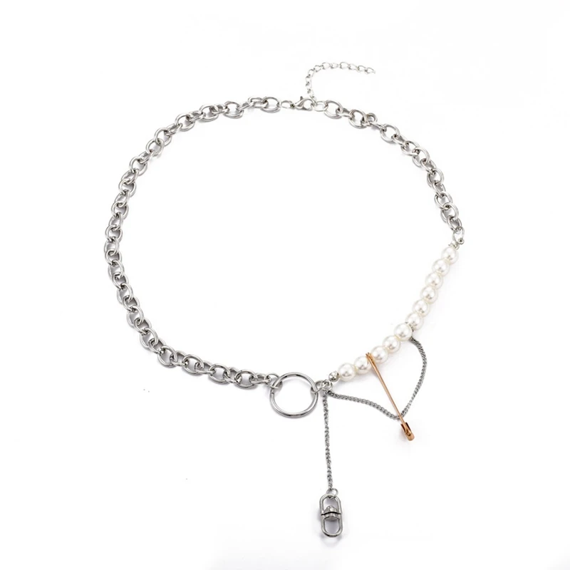 

European and American Hip-Hop Pearl Pendant Necklace Ins Style Punk Street Paperclip Clavicle Chain Net Red Necklace