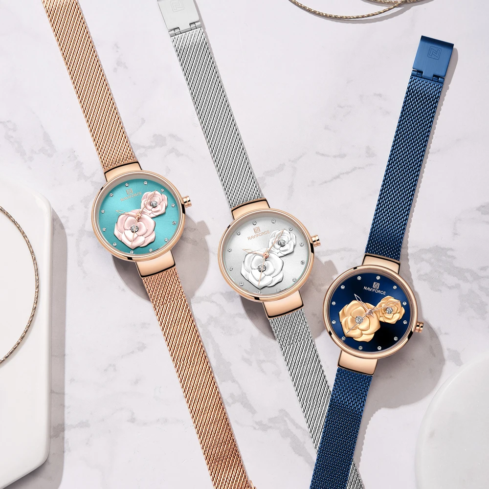 NAVIFORCE синие кожаные часы женские кварцевые высококачественные