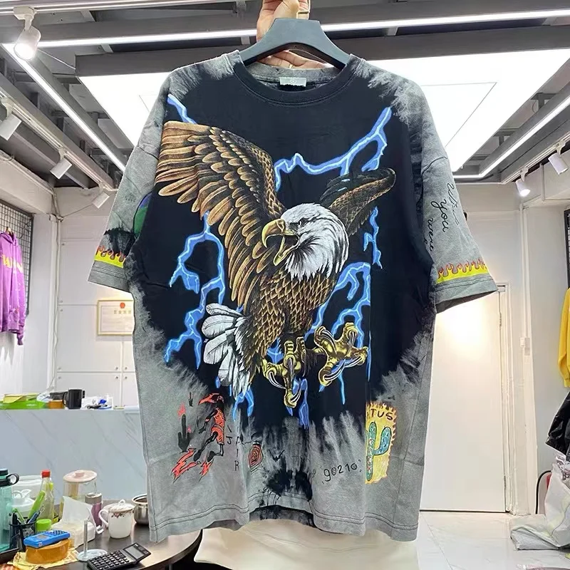 

Мужская свободная футболка с коротким рукавом и принтом Lightning eagle graffiti