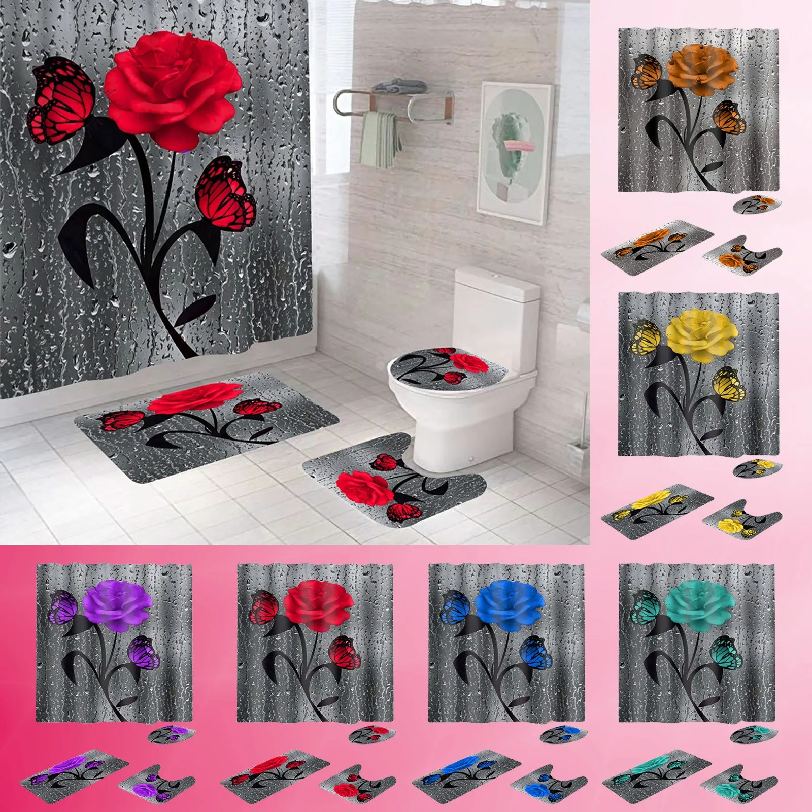 

Набор нескользящих ковриков розового цвета для ванной комнаты, прочные водонепроницаемые занавески для душа, подставка, искусственный чех...