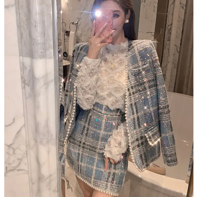 

Women 2021 Autumn Winter Fashion Tweed 2 Piece Suits Female Casual V-neck Jackets Ladies Sequined Mini Skirts Plaid Sets E805