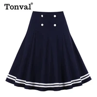 tonval navy blue button front tape striped hem a line vintage skirts womens high waist knee length preppy skater skirt