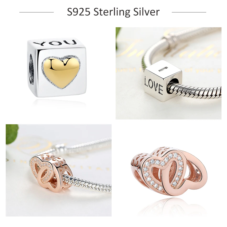 Подходят оригинальный браслет с шармами стерлингового серебра 925 Золотое сердце