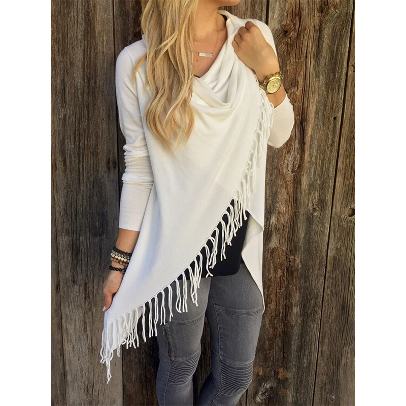 

Autumn Elegant Tassel Solid Turtleneck Coat Slim Casual T-shirt Classic Mid Length Slash Tees Long Sleeved Top Women Cloth 2021