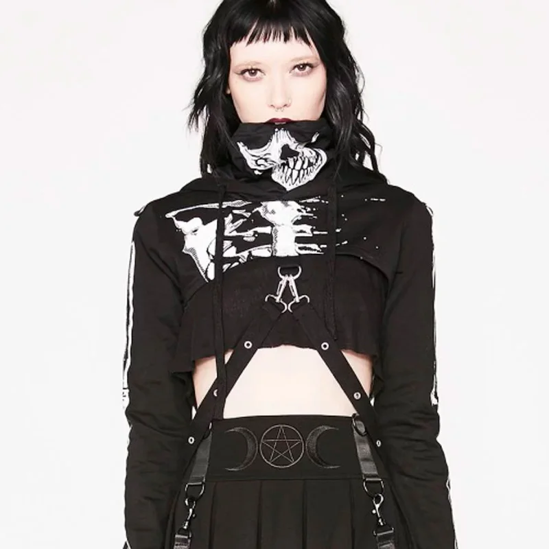 

Cozok Women Hoodie Gothic Punk Sexy Hoolow Out Strapped Skeleton Print Mask Fashion Streetwear Female Black Hooded Cropped Top