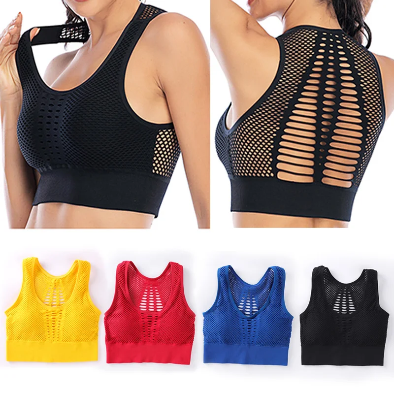 

Women's Medium Mesh Support Cross Back Wirefree Removable Cups Sport Bra Tops Freedom Seamless Yoga Running Sports Bras