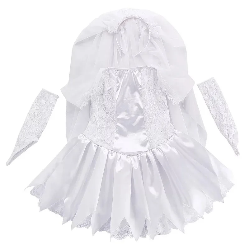 Детское платье для косплея белое свадебное с принтом в виде трупа невесты и зомби