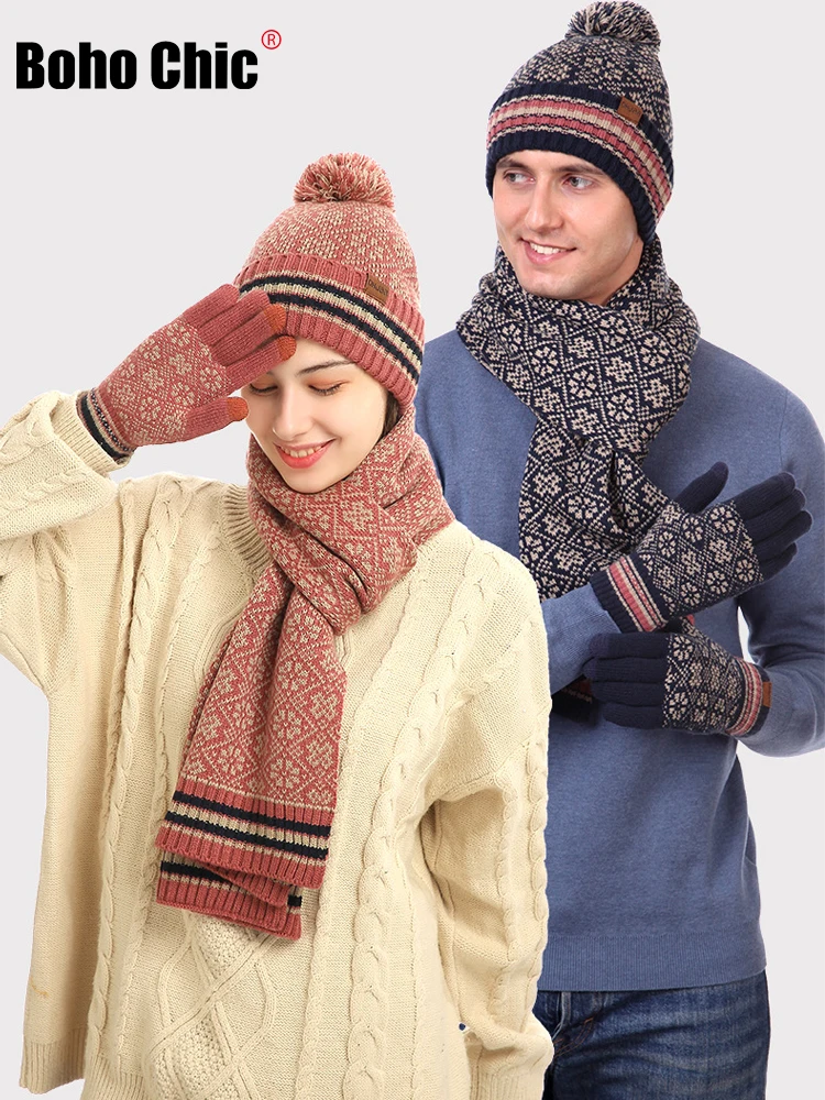

Boho Chic Hat Scarf Gloves Set 3 Pcs Fashion Winter Warm Woman Shawl Ladies Knitted Female Headscarf Cashmere Woolen Accessories