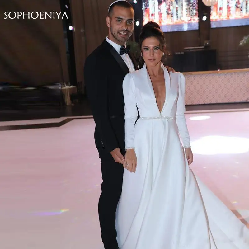 Женское вечернее платье с длинным рукавом атласное глубоким V образным вырезом и