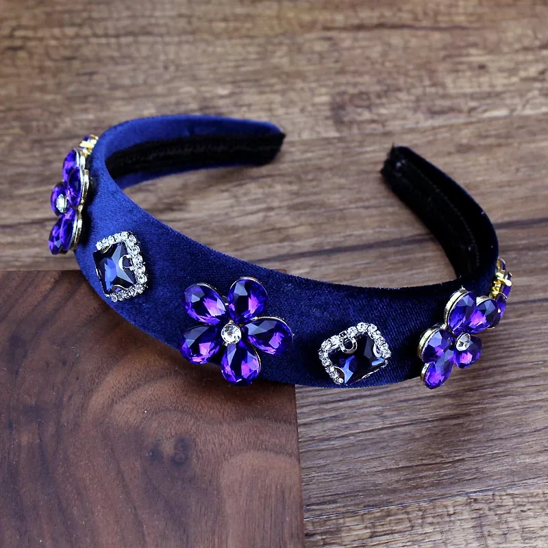 W Royal Blue Flower Европейские винтажные аксессуары для волос Роскошный Черный Фиолетовый кристалл барокко лента для волос Элегантные Стразы Бриллиантовая розовая Женская повязка на голову - Окраска металла: W Royal Blue Flower