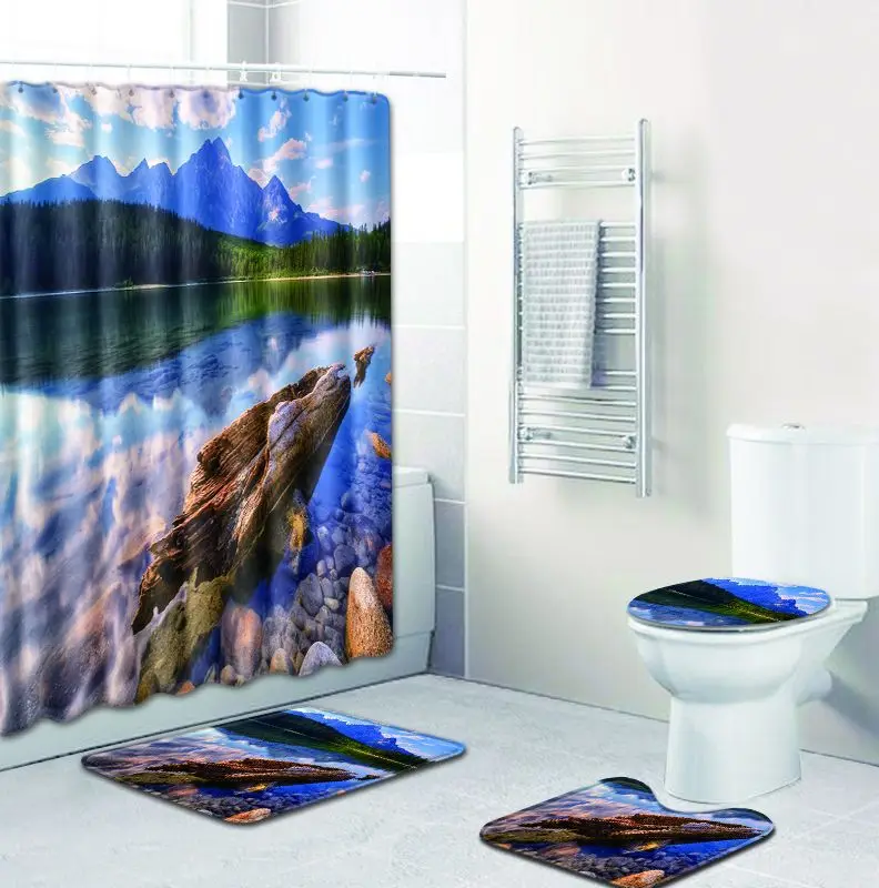 Zeegle 3d Pattern Toilet Rug Set Bath Washable Floor Mat Shower Curtain Pedestal Seat Cover Bathroom Soft Foot | Дом и сад