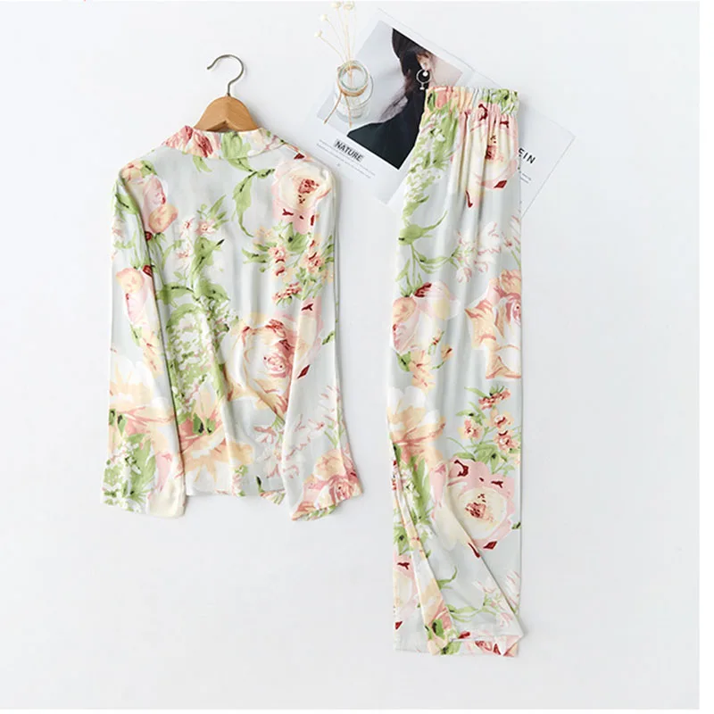 

CEARPION New Women Pajamas Suit Elegant Female Flower 2pcs Shirt+pant Sleepwear Casual Comfortable Home Clothes Night Wear