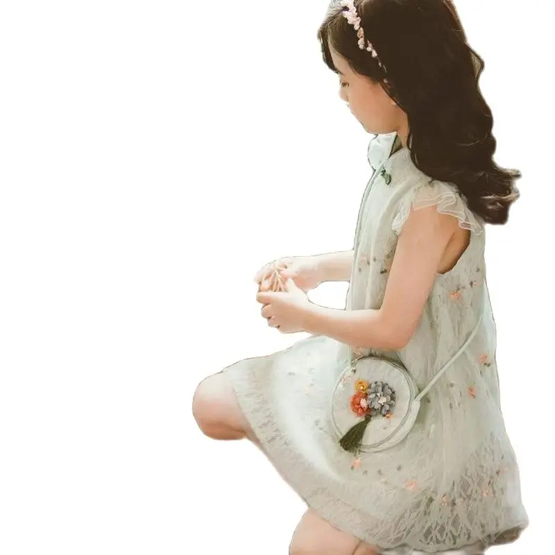 

Summer Girls Flying Sleeve Dresses Floral Sweet Kid Teenager Party Chinese Style Princess Dress With Cute Bag For Children 3-12t