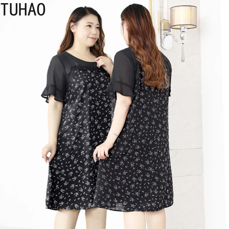 

TUHAO Plus Size 10XL 9XL 8XL 7XL 6XL Chiffon Dress Summer Dresses Patchwork Mother Mom Elegant Office Lady Female Dress WM97