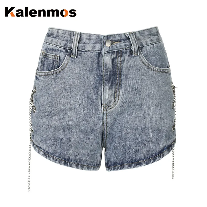 

KALENMOS Denim Shorts Women Summer High Waist Chain Cool Streetwear Blue Biker Shorts Sexy Tassel Pockets Mini Jeans Streetwear