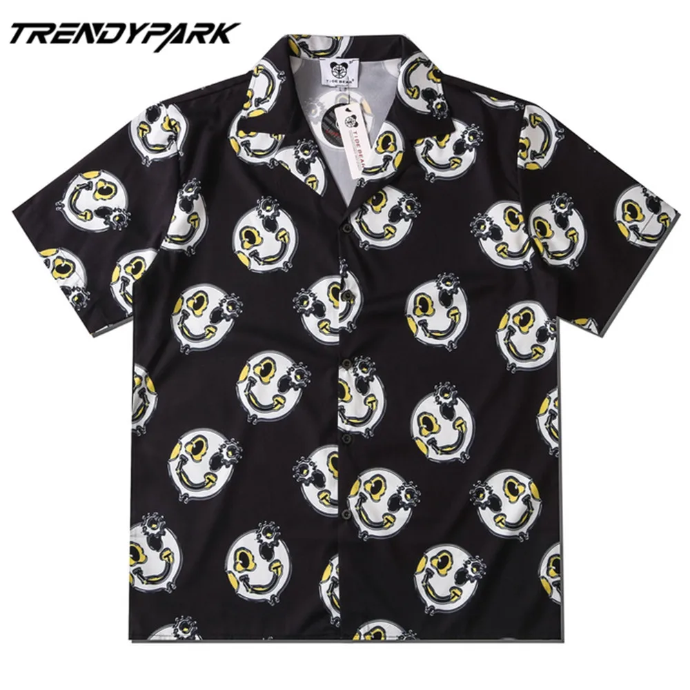 

Men's Shirt Summer Short Sleeve Printed Blouse Hip Hop Oversized Casual Harajuku Streetwear Single-breasted Collar Tops Shirts