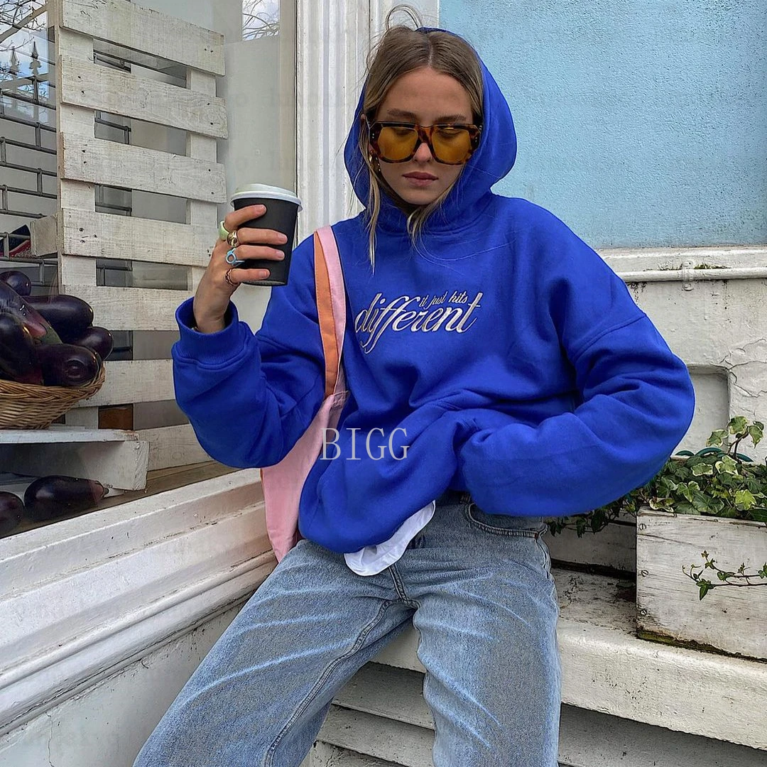 

Dalian Hoodie Korea Fashion Loose Embroidered Hoodie Y2K Streetwear Retro Clothes 2021 Ladies Cobalt Blue Super