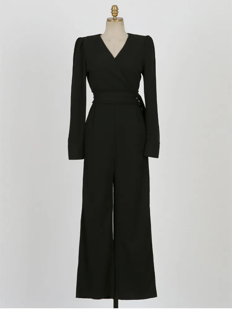 

Spring And Autumn V-Neck Elegant Black Professional Casual Long Sleeve Straight Jumpsuit Women