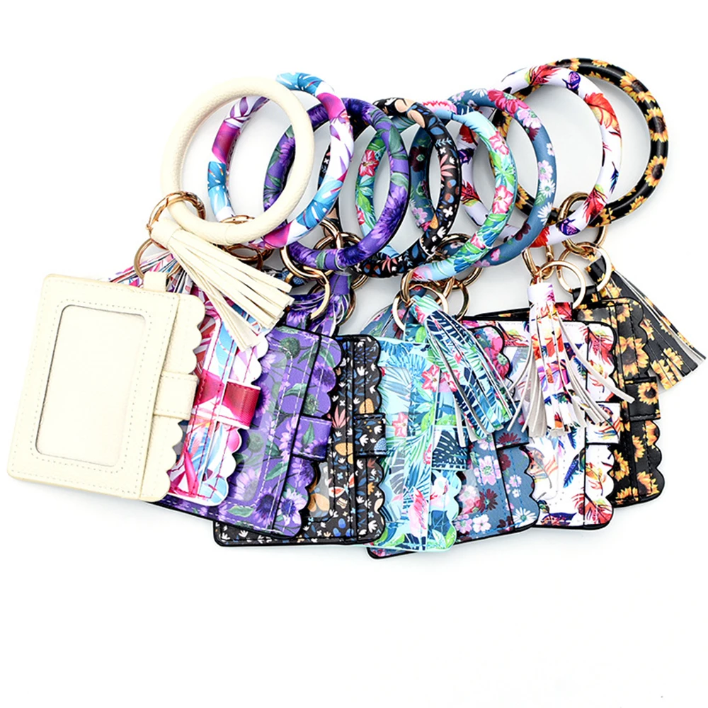 

Pu Leather Bracelet Keychain With Wallets For Women Fashion Leopard Wristlet Keychain Tassel Bangle Keychain Wrist Accessories