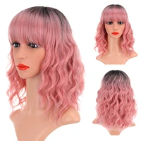 pastal wave wig with air bangs short bob wavy synthetic heat resistant fiber colorful ombre costume wigs cosplay wig 14 inch