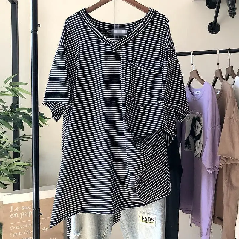 

XL летние Новый стиль большой разрез с v-образным вырезом свободные и тонкие с коротким рукавом, футболка по самой низкой цене для женщин